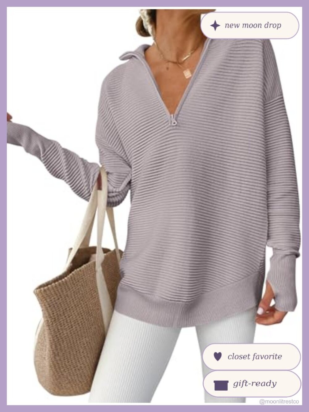 Women's Quarter Zip V Neck Rib Knit Pullover Sweater Thumbholes Loose Fit